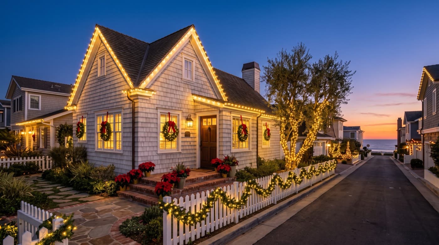 Coastal cottage outlined in warm Christmas lights with garland and poinsettias at sunset