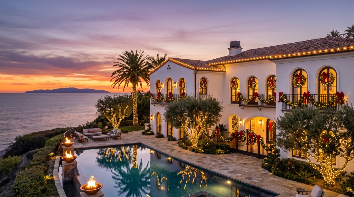 Oceanview Newport Coast estate with roofline Christmas lighting, lit wreaths, and poolside fire bowls at sunset