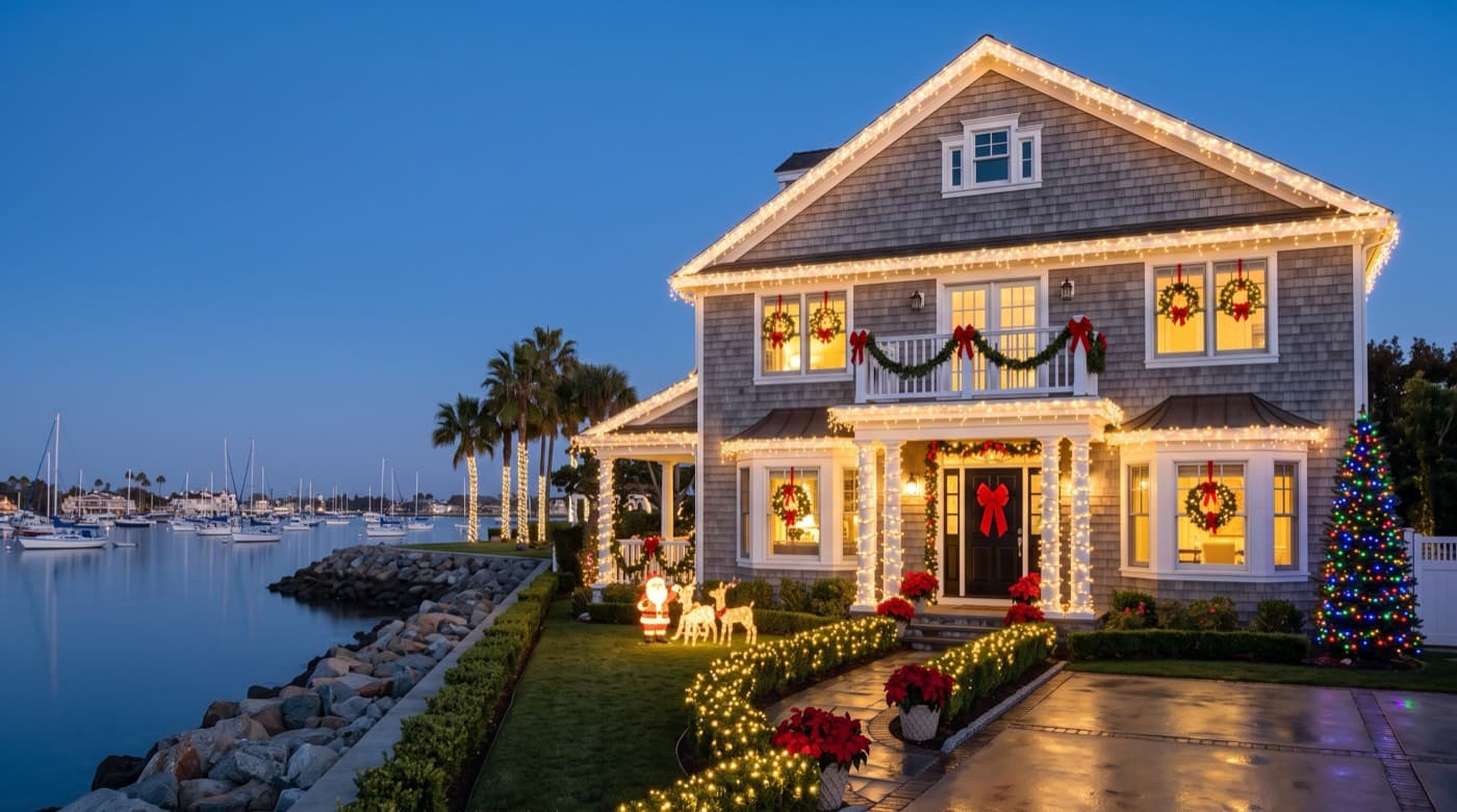 Two-story shingle style harbor home wrapped in Christmas lights with wreaths, garland, and a Santa and reindeer display