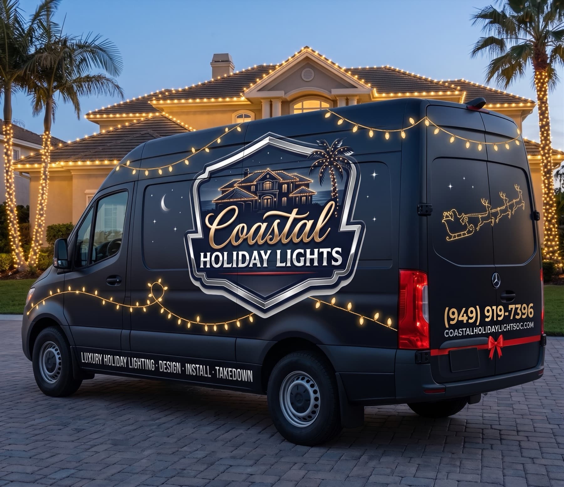 Rear view of the Coastal Christmas Lights branded van strung with warm lights in a lit driveway at dusk