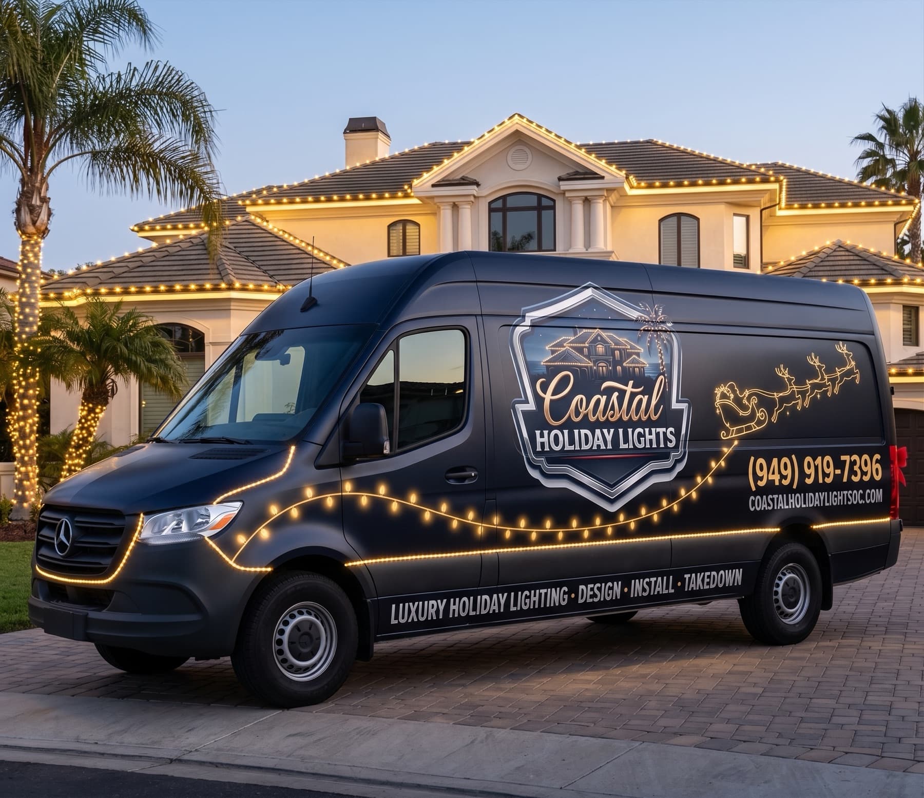 The Coastal Christmas Lights branded service van parked beside a fully lit Newport Coast estate at dusk